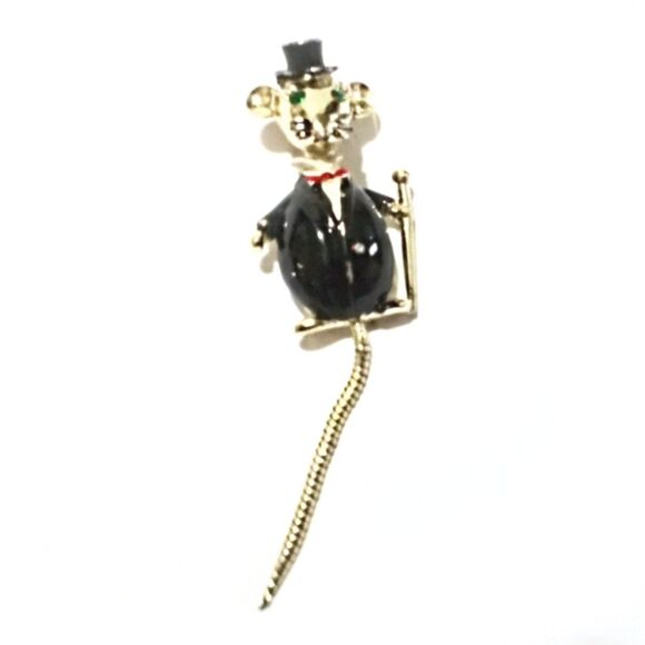 Vintage Mid Century Tuxedo Mouse Scatter Pin Brooch Gold Tone Figural Novelty - Picture 2 of 5